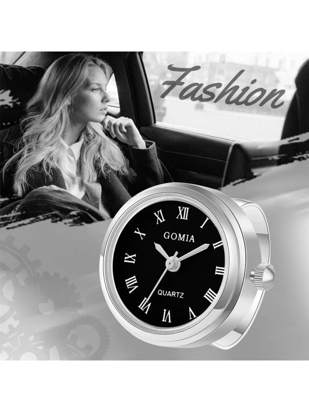 Unisex Silver Black Quartz Roman Numeral Adjustable Open Band Finger Ring Watch
